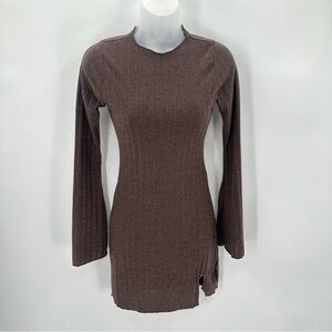WINDSOR Dress Womens XS Casual Chills Long Bell Sleeve Mini Slit Brown Rib Knit